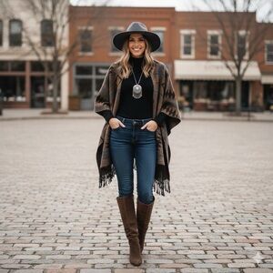 Geometric Patterned Poncho with Fringe Size XL- XXL